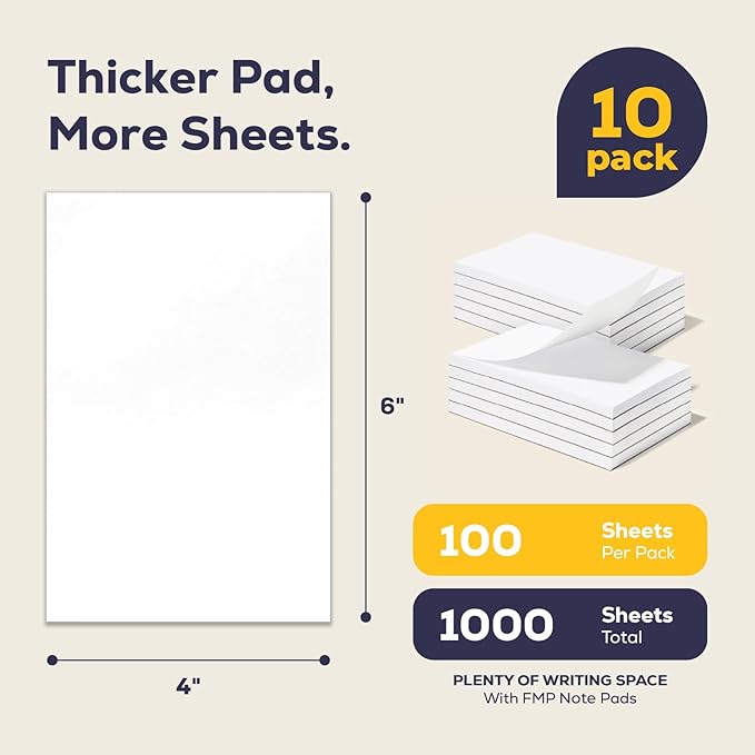 FMP Brands 10 Pack Note Pads 4x6, 100 Sheets Per Memo Pad, Writing Scratch Pad, Blank Notepad, White Waitress Server Note Pads, Paper Pad, To Do Grocery List Small Notepads