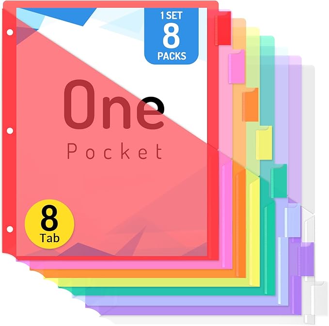 Forvencer 8 Count Dividers for 3 Ring Binder, Binder Dividers with Pocket | Dividers with Pockets, Binder Dividers with Tabs for School Office and Home Organization, Multicolor, 1 Set