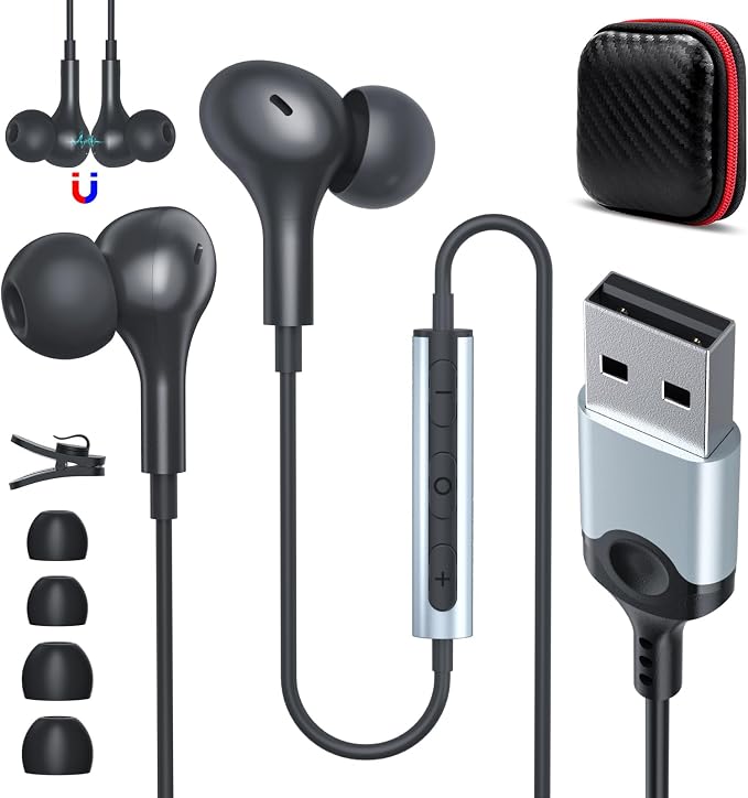 ASKUBSKU USB Earbuds Wired with Microphone for PC 7.5 Ft Cable, Black | USB Headset for School Computer Class, Wired USBA Headphone with Mic Stereo Cord Laptop Earphone for HP/Dell/Surface Meeting