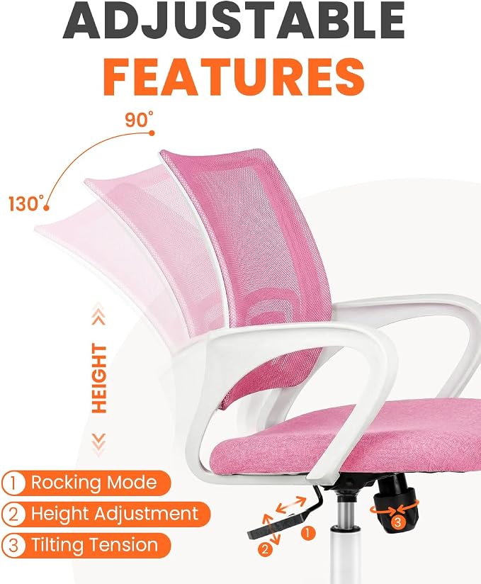 NEO CHAIR Office Computer Chair Ergonomic Mid-Back Mesh Desk Chair, Pink | Breathable Mesh Back with Lumbar Support, Height Adjustment, Smooth Rolling Casters for Home Office, Study or Gaming Setup