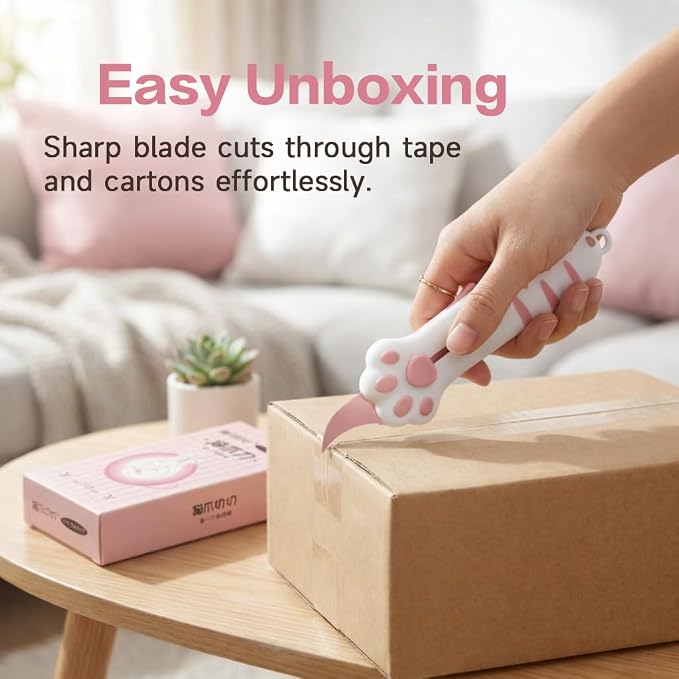 Cat Paw Box Cutter Cute Retractable Cat Box Cutter with Safety Lock Pink | Mini Utility Knife with Ergonomic Paw Handle, Stainless Steel Blade for Opening Packages, Cardboard, Cartons & Tape