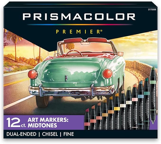 Prismacolor Premier Dual-Ended Art Markers, Chisel and Fine Tips, Mid-Tone Colors, 12 Count - Professional Quality for Artists, Adult Coloring, Drawing