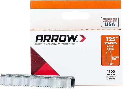 Arrow 259 T25 Staples for Installing Low Voltage Wires & Cables, 1100 Count | 9/16" Leg Length, 5/16" Crown Width, Heavy-Duty Steel, For Holiday Lights, Doorbells & Alarm Systems