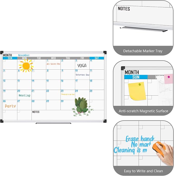 XBoard Magnetic Calendar Whiteboard 36" x 24", Monthly Reusable Calendar Dry Erase Board with Silver Aluminium Framed for Home, School, Office