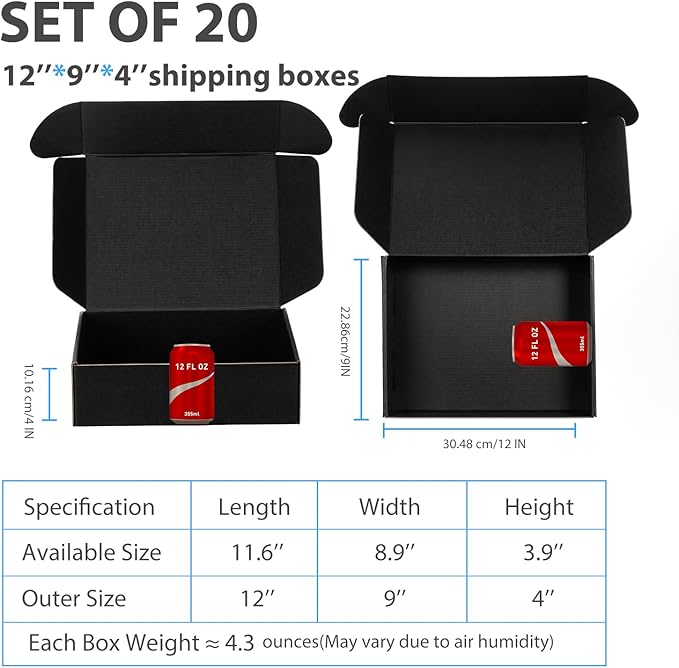 Small Shipping Boxes 12x9x4 Inches – Black Corrugated Cardboard Boxes (20-Pack) for Mailing, Packing, Small Business & Gift Packaging - Recyclable & Sturdy