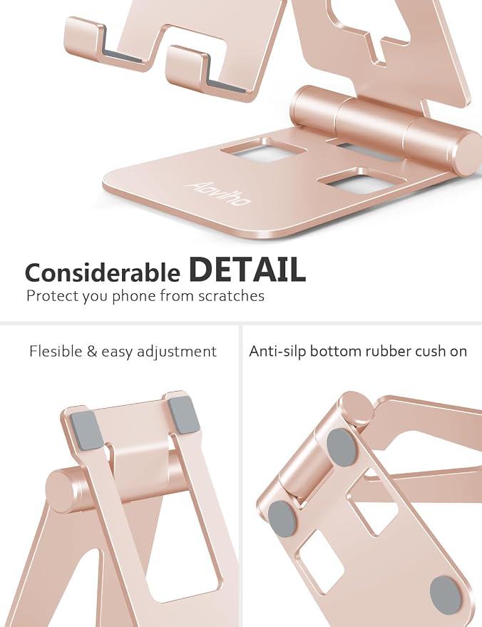 Aoviho Foldable Cell Phone Stand for Desk, Holder for iPhone,Rose Gold | Folds Flat for Easy Storage, Hands-Free Viewing, Fits iPhone 17/16/15 Series & Samsung Galaxy, Ideal for Office & Home