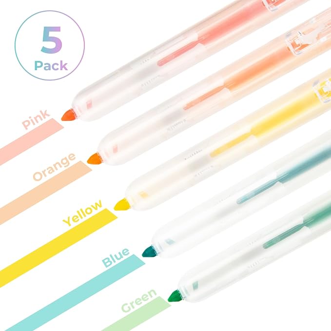 M&G Retractable Highlighters, 5 Pack Pastel Chisel Tip Highlighter Pens, No-Bleed Quick-Dry Marker Set in Assorted Colors, Cute Aesthetic Study Supplies & Accessories for Journaling, Bible, School