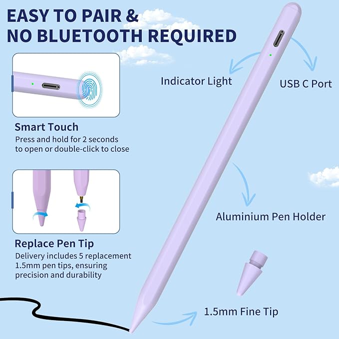 iPad Pencil for 9th & 10th Generation, Fast Charge Stylus Pen for Palm Rejection and Tilt Sensitivity, Compatible with iPad Pro 11/12.9in, Mini 5/6, iPad 6/7/8/9/10, Air 3/4/5 (Purple)