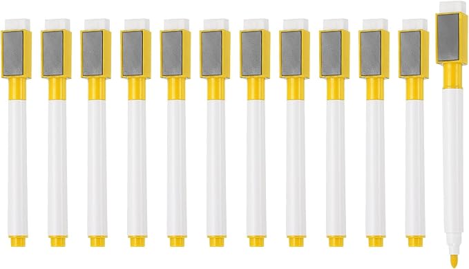 PATIKIL Magnetic Whiteboard Pen, Fine Tip Dry Erase Yellow White Board Markers with Eraser Whiteboard Calendar Supplies for Classroom Office, 12 Pcs, 0.5-1mm Tip