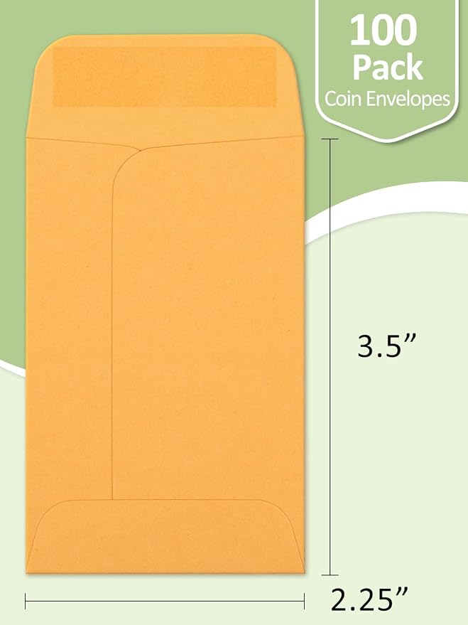#1 Coin Envelopes Eupako 100 PCS 2.25x 3.5" Brown Small Parts Envelope with Gummed Flap Kraft Seed Envelopes for Garden, Home and Office