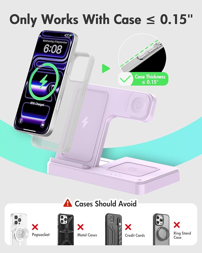 GETPALS Wireless Charger iPhone Charging Station for Apple Multiple Devices | 3 in 1 Charger Stand for iPhone 17 Pro Max 17e 16 16e 15 14 13 12 & Watch Series 11-2 SE Ultra & Airpods 4 3 Pro, Violet