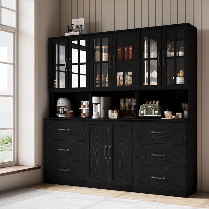 VOWNER Bookcase with Glass Door, 5-Tier Modern Bookshelf with Large Drawer, Glass Display Cabinet with Large Storage Shelf, Combination Storage Cabinet for Home Office (Black, AABB)