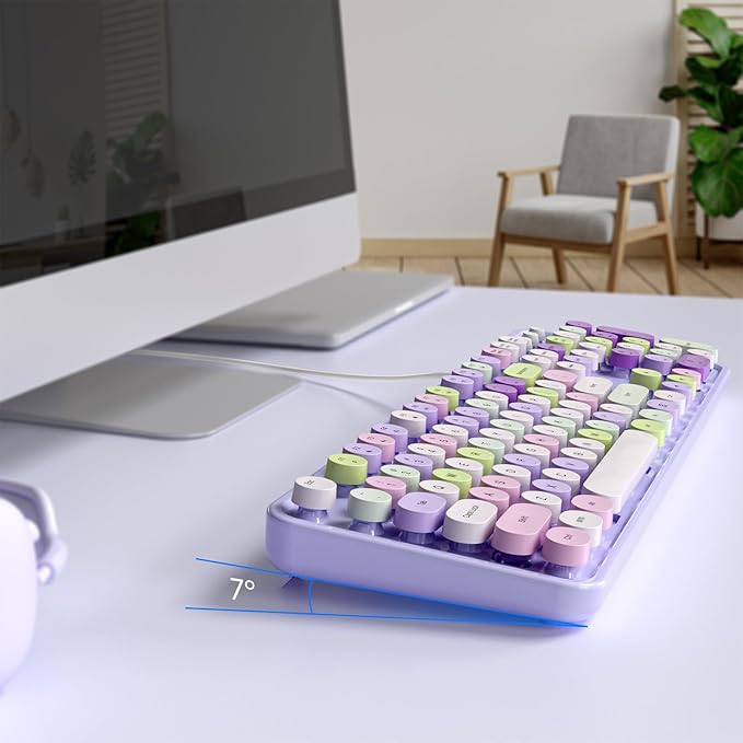 Computer Keyboard Wired, Plug and Play USB Retro Round Typewriter Keyboard, Full Size Wired Keyboard with Foldable Stands for Laptop and Office PC
