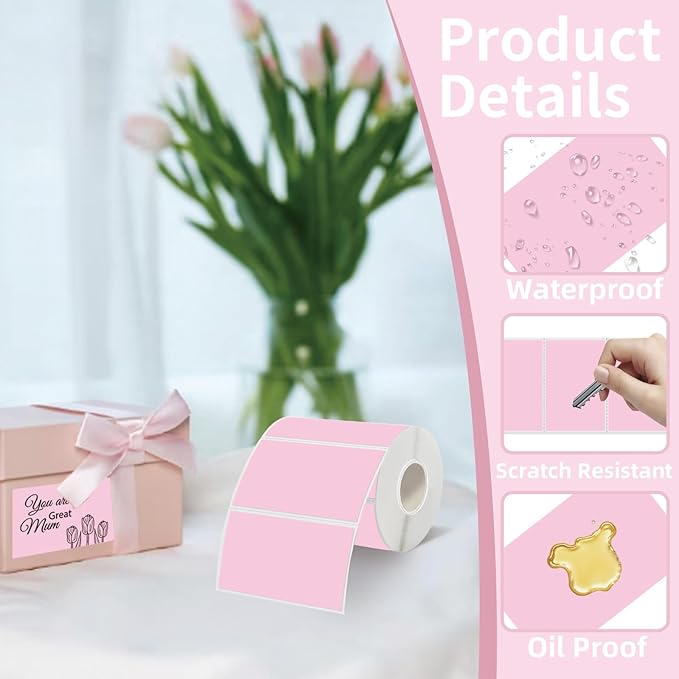 Starboling 3" x 2" Thermal Labels,Self-Adhesive Rectangle Thermal Printer Sticker,for Price,Barcode,Mailing,Name（Pink）