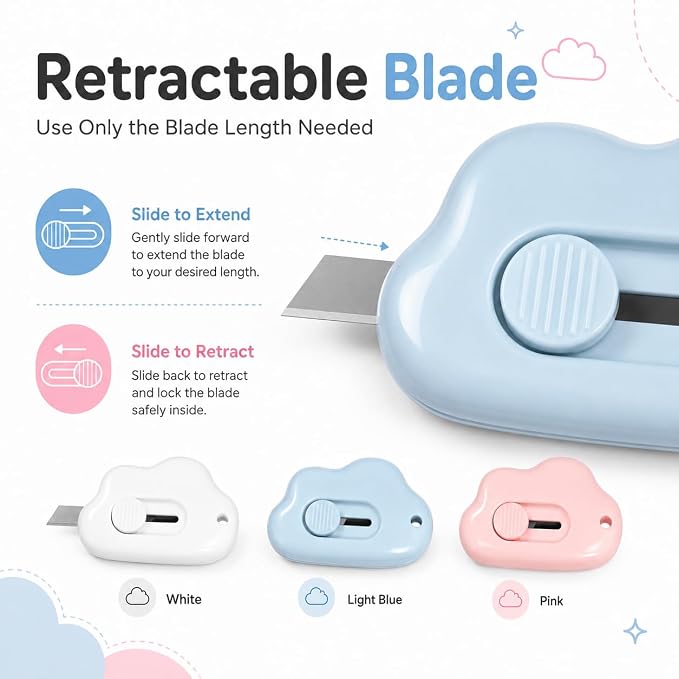 3Pcs Utility Knife Box Cutters Cute Cloud, Retractable Letter Opener, Sharp Cartons Cardboard Cutter Razor Knife for Christmas, Paper Cutter with Razor Blade, Portable Office Stationery