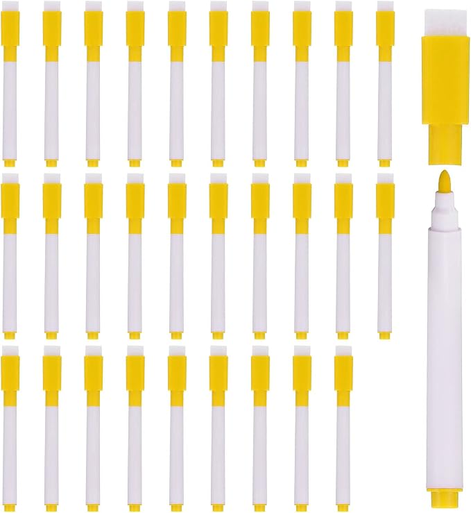 PATIKIL Dry Erase Marker Pens Yellow Ink Point with Eraser Cap 30Pcs | Marker Pens with Eraser Cap for Office Home Classroom, White Pen Rod