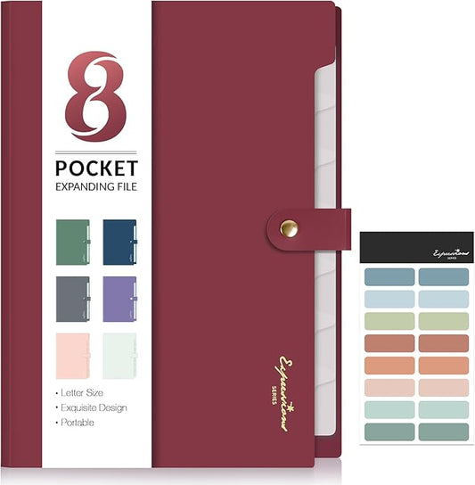 Sooez Elegant Accordion File Organizer with Labels, 8 Pocket Expanding File Folder, Portable Folders for Documents, Cute Paper Organizer for School Office Supplies, Letter Size, Burgundy