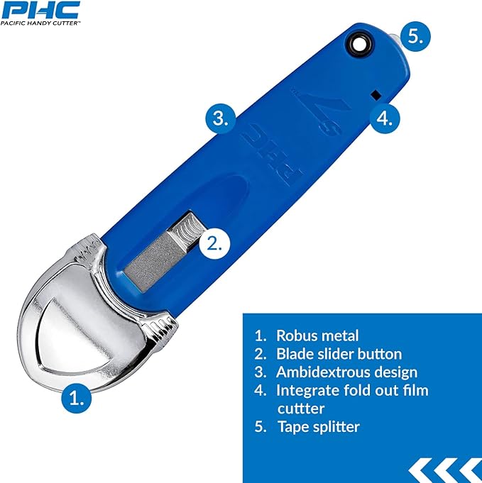Pacific Handy Cutter S7 Safety Cutter, 3-in-1 Self-Retractable Utility Knife with Fold-Out Film Cutter, Bladeless Tape Splitter, Guard for Safety & Damage Prevention , Blue