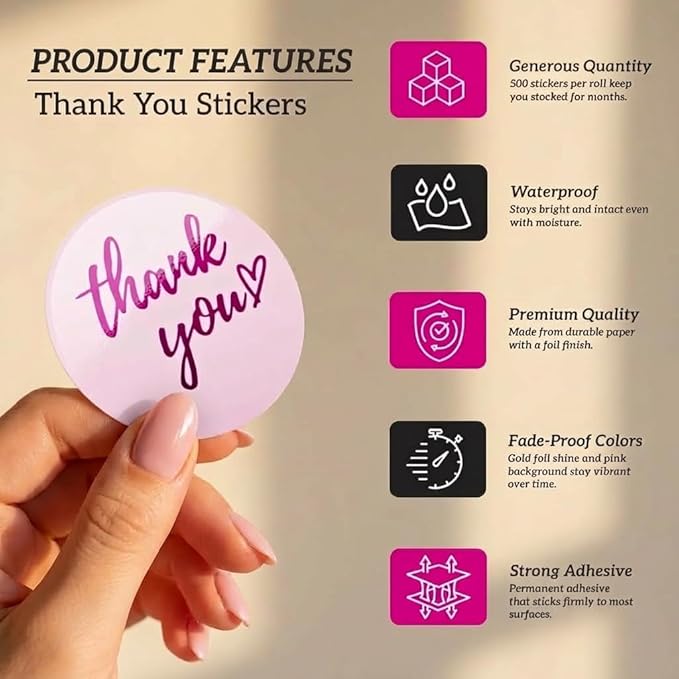 500 Pcs Thank You Stickers – 1.5” Pink Round Labels with Purple Hot Stamping Foil Script & Heart Design, Elegant Small Business Packaging Stickers for Bags, Boxes, Envelopes & Party Favors