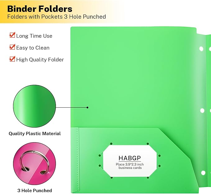 Plastic Folders with Pocket, 6 Assorted Color, 3 Hole Punched Binder Folder | Heavy Duty, Letter Size File, 2 Pockets Folders, for Documents, Office, School