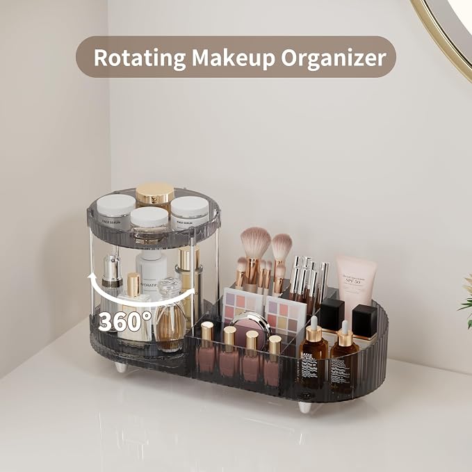 Makeup Organizer Countertop for Vanity, 360 Rotating Perfume Tray with 5-compartment Cosmetic and Skincare Organizers, Multi-Purpose Desk Storage Makeup Brush Holder for Bathroom Bedroom Counter