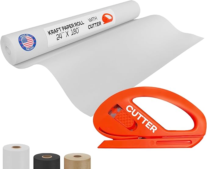 White Kraft Paper Roll 24" x 2160" (180 feet) with Cutter - USA-Made | Quality Paper 50lb Thickness for Wrapping, Packing, Moving, Shipping, & Crafts/Arts - Natural Kraft Material by IDL Packaging
