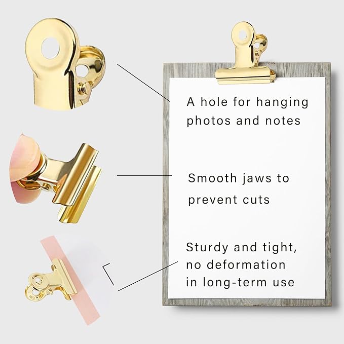YUCHIYA 32 Pack Bulldog Clips with Push-pins for Corkboard,Metal Clips for Crafts, Metal Binder Clips for Pictures, Spring Paper Clamps for Office Documents (Gold,0.85inch)