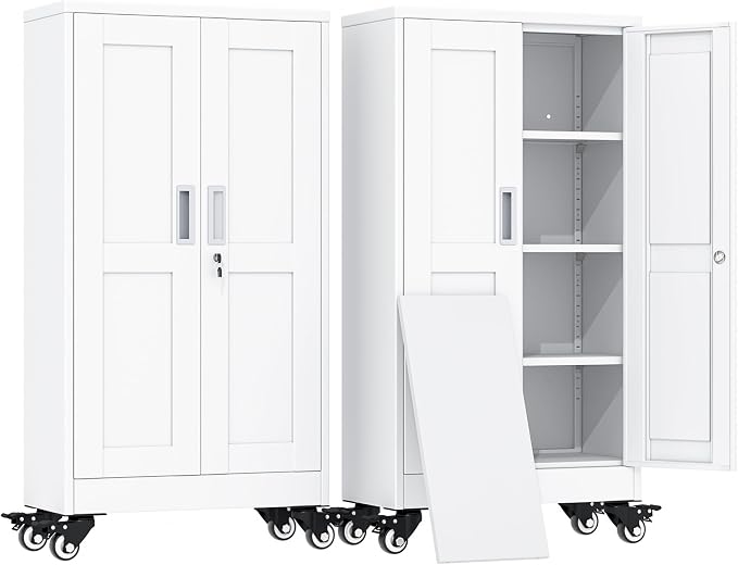 erosoei 45.6"H Metal Garage Storage Cabinet, Rolling Tool Cabinet with 2 Doors and Wheels, Locker Steel Cabinet with 3 Adjustable Shelves, Organization Cabinet for Garage,Office,Home,Gym,School（White）