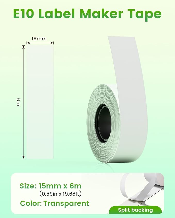 3 Rolls Compatible with SUPVAN E10 & E11 Label Maker Tape 15mm x 6m | Transparent,Continous,Replacement for SUPVAN E10 & E11,Cannot be used on Katasymbol app, please use SUPRINT app