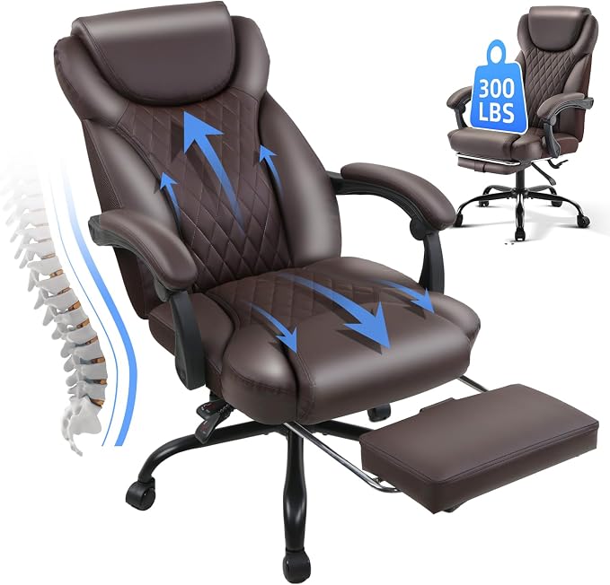 amseatec Big and Tall Office Chair with Footrest, Lumbar Support, Brown | Ergonomic Leather High Back, Infinite Lock Reclining 90°-135°, 20 Spring Packs, 300lbs Capacity, Executive Desk Chair