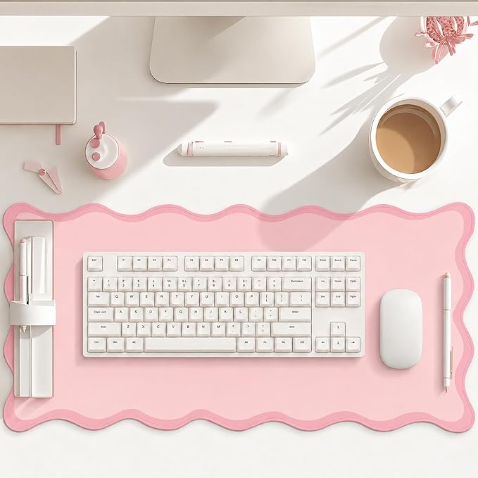 Hahafelt Scalloped Desk Mat Waterproof,Light Pink,31.5 X 15.8 Inches | Coquette Preppy Style for School Office Makeup Vanity, Nonslip Gaming Desktop Protector with Scalloped Stitched Edge Mat