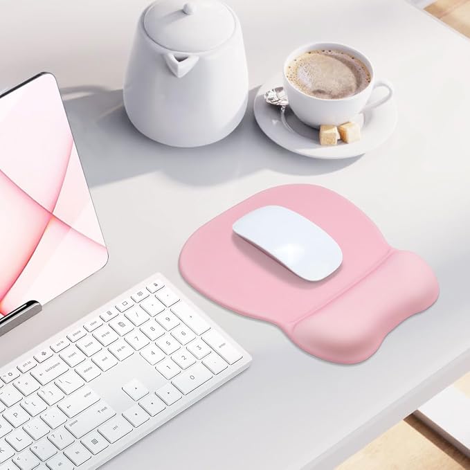 Office Mouse pad with Gel Wrist Rest, 9.2 x 8.1 in, Pink | Ergonomic Shape Design for Pain Relief, Cooling Feel Gel Cushioning for Wrist Comfort, Smooth Lycra Surface, Non-Slip PU Base