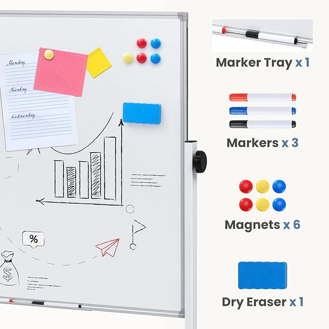 DUMOS Rolling Whiteboard Double Sided 46 x 32 Inches, Magnetic White Board Dry Erase on Wheels, Dry Erase Board with Stand for School, Office and Home, Silver Aluminium Frame, White