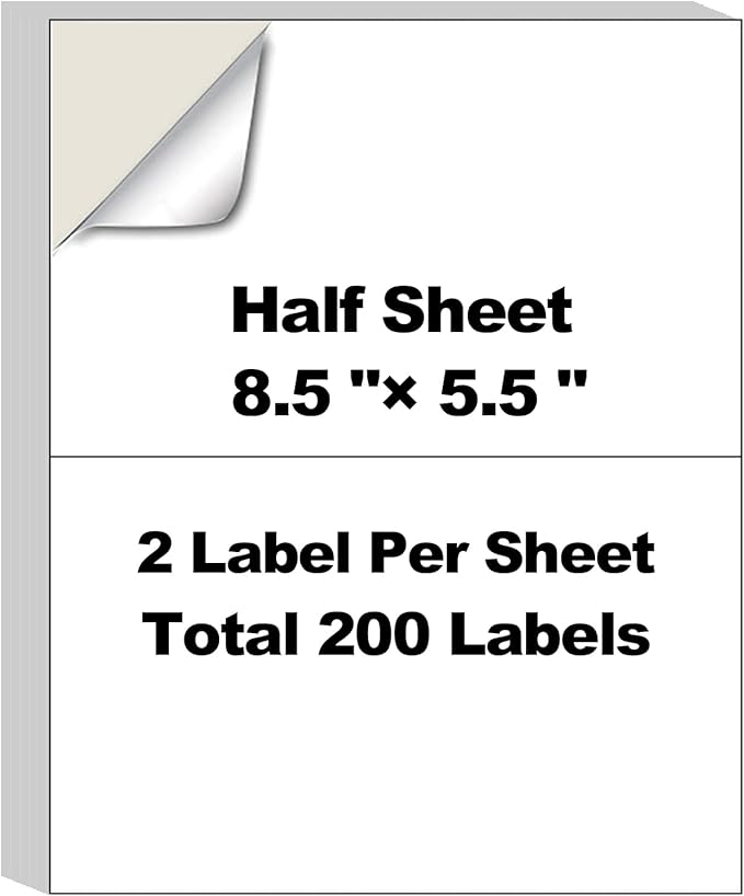 200 Half Sheet Shipping Labels 8.5x5.5 Inch 100 Sheets 2 per Page Self Adhesive White Mailing Labels for Laser Inkjet Printer, 5 1/2 x 8 1/2 Half Sheet Labels