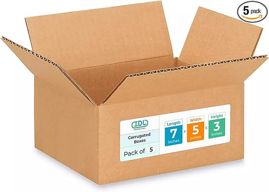 Small Moving & Shipping Boxes 7 x 5 x 3 inches (5-Pack) - Extra Strength 200 lb vs Regular - USA-Made Corrugated Moving Boxes for USPS/FEDEX - Easy-to-Recycle Shipping Box by IDL Packaging