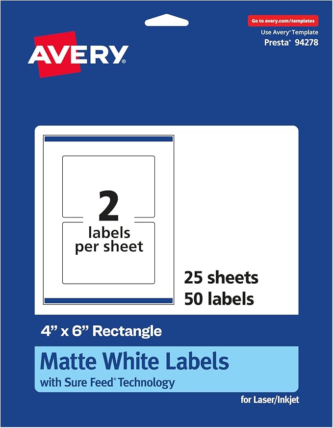 Avery Matte White Rectangle Labels, Sure Feed Technology, 4" x 6", 50 White Labels, Print-to-The-Edge, Permanent Adhesive, Laser/Inkjet Printable