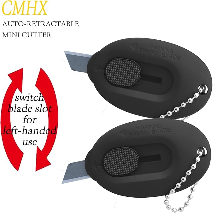 Mini Box Cutter Small Safety Retractable Utility Knife Blade Right Or Left Handed Finger Friendly Package Box Opener with Keychain Hole (32 BOXCUTTER-S10)