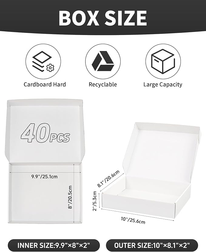 10x8x2 Inch Shipping Boxes, Set of 40, White Corrugated Cardboard Boxes, Mailer Packaging Boxes for Small Business Gift Literature Shipping