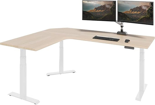Vari ComfortEdge 80x60 L-Shape Electric Standing Desk – Height Adjustable Sit-Stand VariDesk for Corner Office with Reversible Left/Right Design + Light Wood/White Legs (Ships in 3 Boxes)