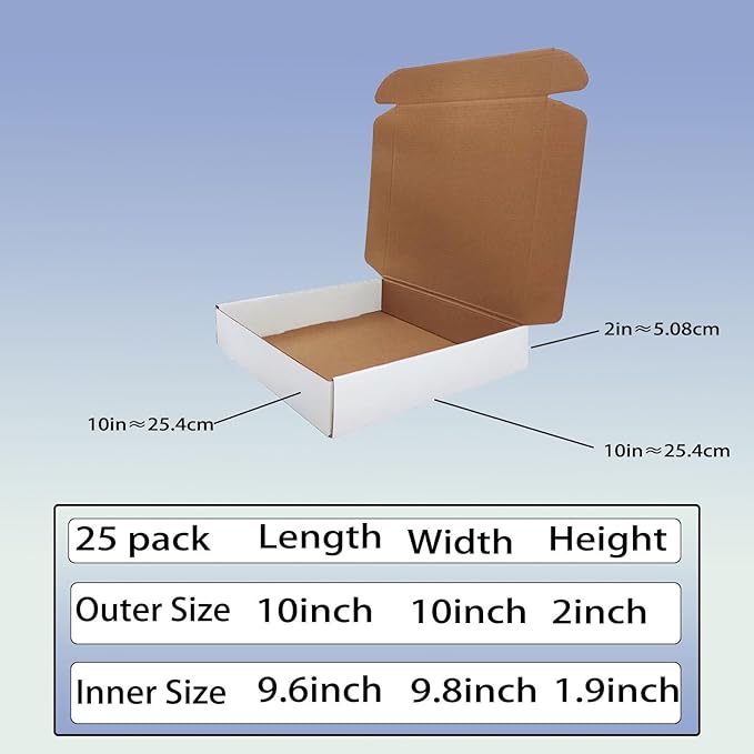 10 x 10 x 2 inch Shipping Boxes Set of 25， White Corrugated Cardboard Box Mailer Boxes for Packaging Small Business Shipping，Mailing Boxes Bulk for Birthday Wedding Party Book Literature Gift Giving