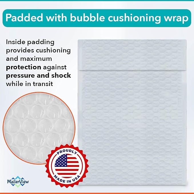 Bubble Mailers 7.25x12, Self Seal Poly Padded Envelopes #1, 100 Pack Bulk | Fits Comics, Photos & Cards, No Tape Needed, Cushioned Protection, Water-Resistant Poly, Made in USA