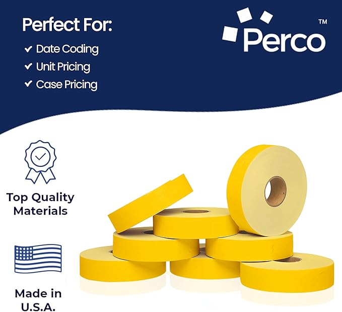 Perco Yellow Pricing Labels for Monarch 1131 Price Gun - 1 Sleeve, 8 Rolls, 20,000 Price Marking Labels - with Ink Roll Included