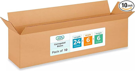 Long Moving & Shipping Boxes 24x6x6 inches (10-Pack) - Extra Strength 200 lb vs Regular - USA-Made Corrugated Shipping Boxes for USPS/UPS/FEDEX - Cardboard Packing Box - Packing Box by IDL Packaging