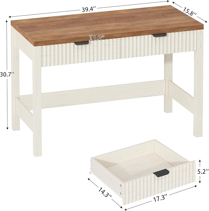 39 Inch Small Fluted Computer Desk with 2 Drawers for Bedroom, Home Office | Small Computer Desk with Storage, Compact Writing Study Desk for Small Spaces, Brown & White