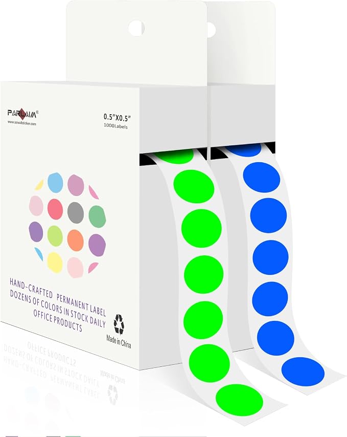 PARLAIM 1/2" Round Color-Code Dot Stickers,Adhesive 2000 Stickers Rolls dots Label Dispenser Box Green Circle Stickers Labels(Fluorescent Green+Blue)
