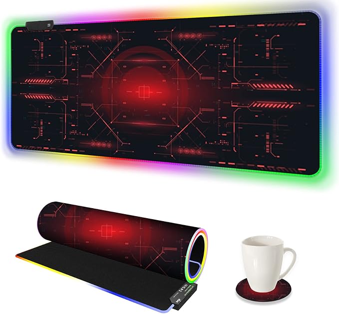 AIMSA Large Gaming Mouse Pad RGB, Keyboard Led Mousepad Extended 35.4 x 15.8 inch Non-Slip Rubber Base with 14 Lighting Modes Desk Mat, Red Circuit Board Motherboard