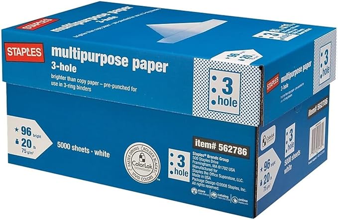 Staples 8.5" x 11" 3-Hole Punch Multipurpose Paper, 20 lbs., 96 Brightness, 500/Ream, 10 Reams/Carton