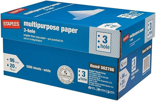 Staples 8.5" x 11" 3-Hole Punch Multipurpose Paper, 20 lbs., 96 Brightness, 500/Ream, 10 Reams/Carton