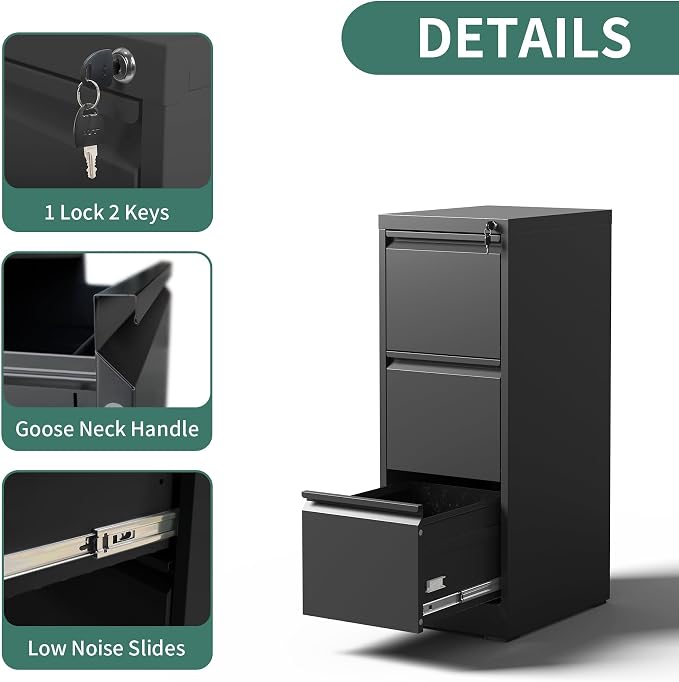 3 Drawer File Cabinet with Lock,Metal File Cabinet for Home Office | Black Vertical Filing Cabinets Heavy Duty Office Storage Cabinets for Letter/Legal/A4/F4 Size File, Assembly Required