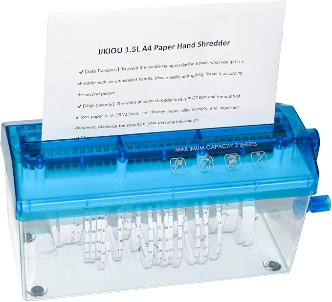 JIKIOU Standard A4 Paper Hand Shredder Portable Paper Shredder Manual Shredder Documents Paper Cutting Tool Home Office Desktop Stationery Blue